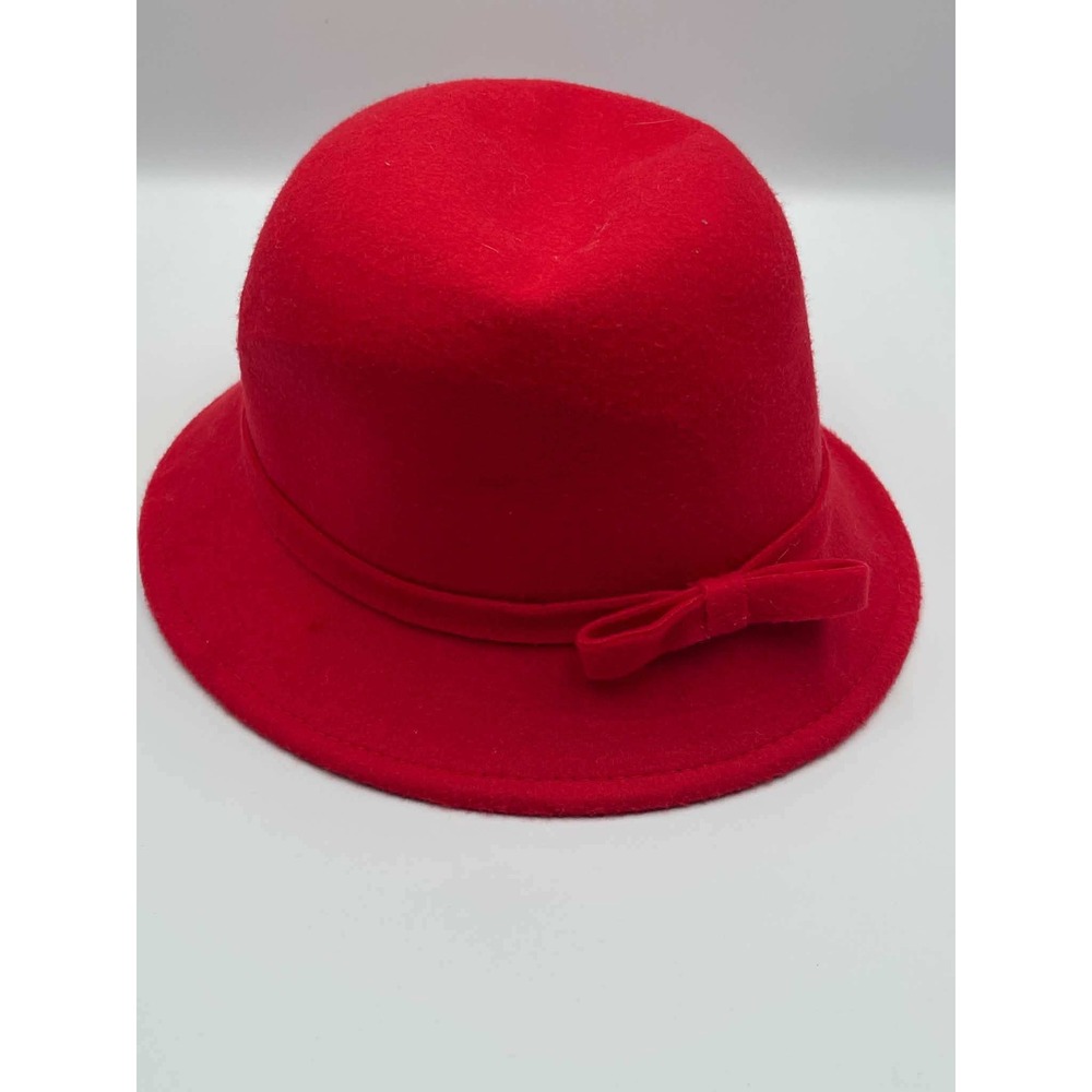 Womens Red Felt Cloche Hat Vintage Style Bow Accent Adjustable 57cm
